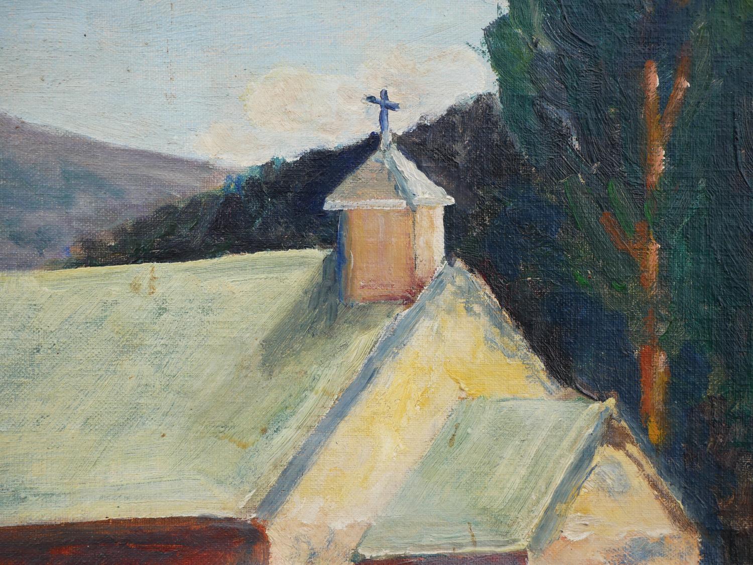 Peinture de chapelle abstraite bleue, verte et brune sur un paysage du désert en vente 4