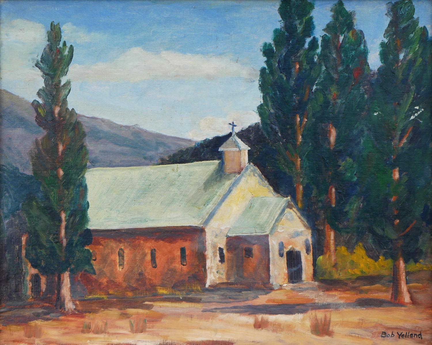 Peinture de chapelle abstraite bleue, verte et brune sur un paysage du désert en vente 5