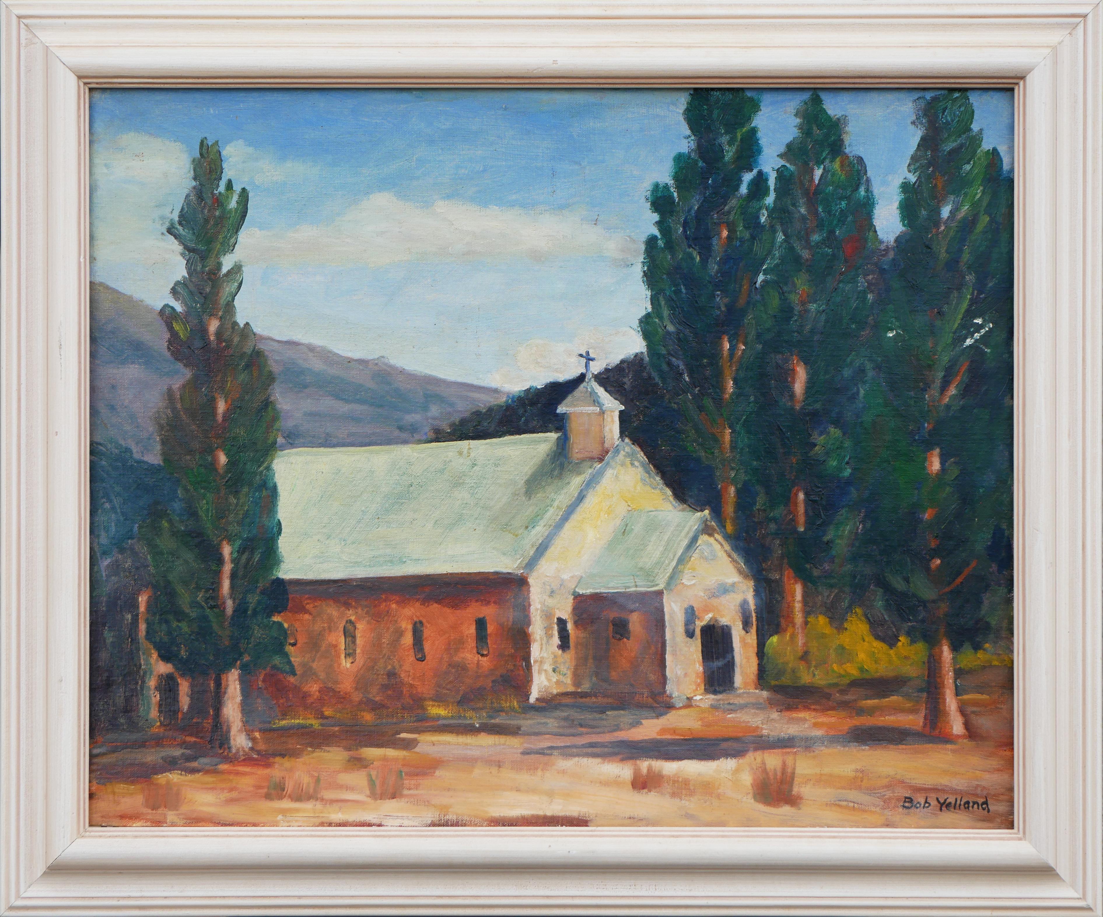 Orange, brown, green, and blue abstract landscape painting by Bob Yelland. The painting depicts a small chapel in the middle of a desert surrounded by tall trees. Signed by the artist at the bottom right. Framed in a white wooden frame.

Dimensions