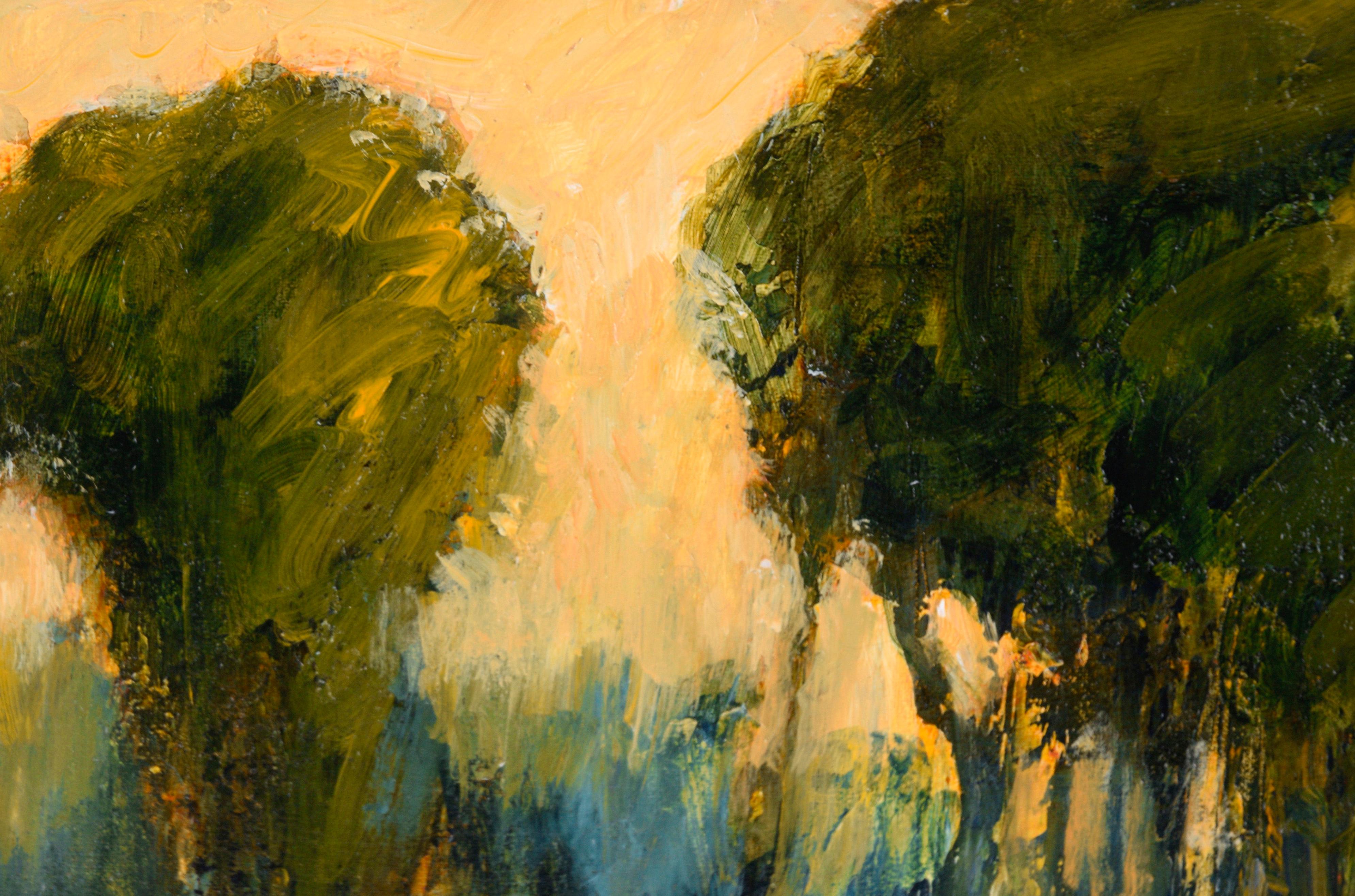 Bäume am Teich bei Sonnenuntergang – Landschaft in Acryl auf Künstlerkarton – Painting von Bobbi Doyle-Maher