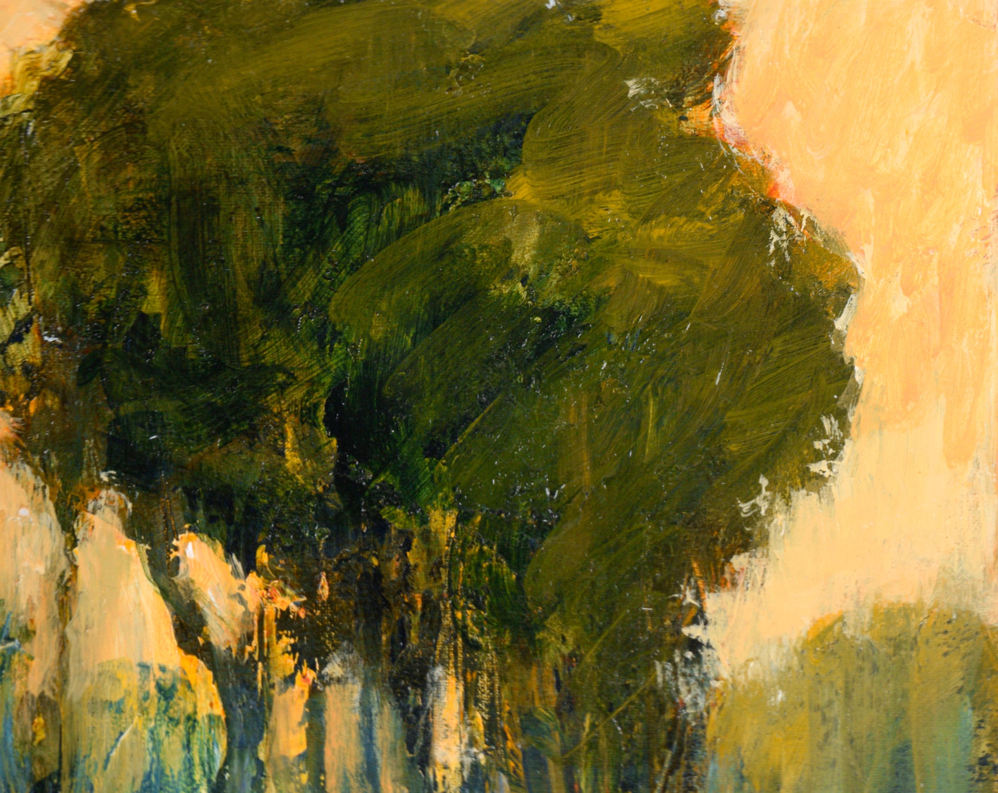 Bäume am Teich bei Sonnenuntergang – Landschaft in Acryl auf Künstlerkarton (Zeitgenössisch), Painting, von Bobbi Doyle-Maher