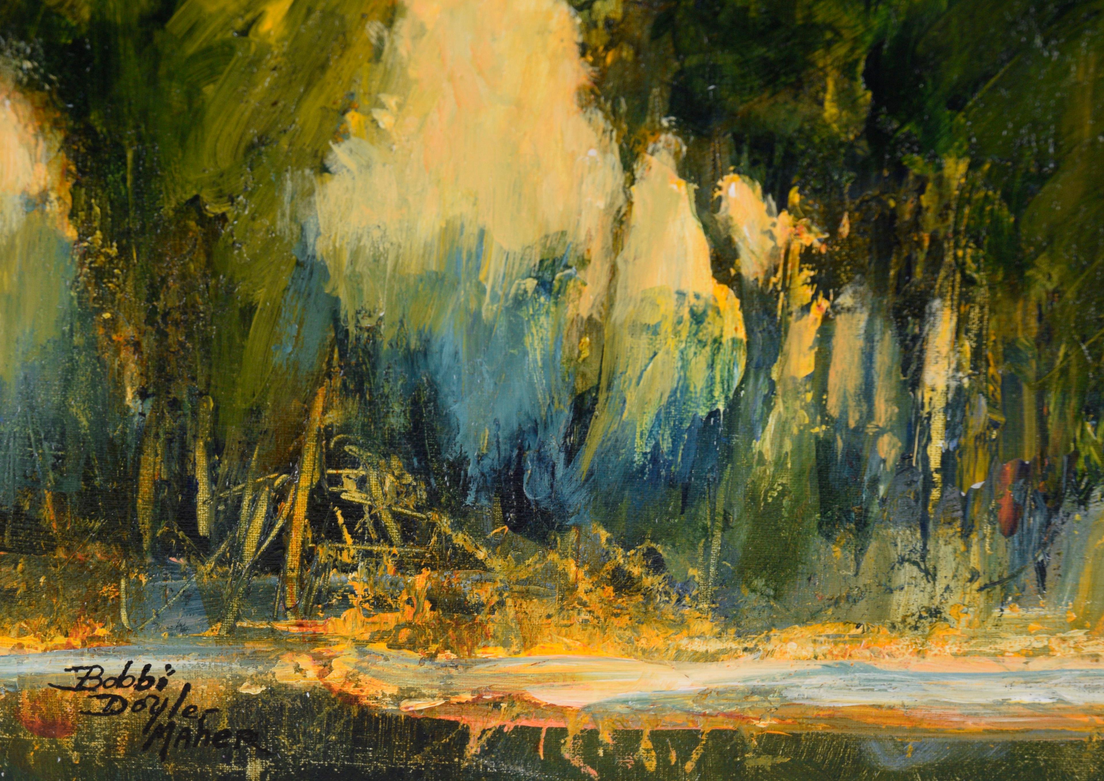 Bäume am Teich bei Sonnenuntergang – Landschaft in Acryl auf Künstlerkarton im Angebot 1