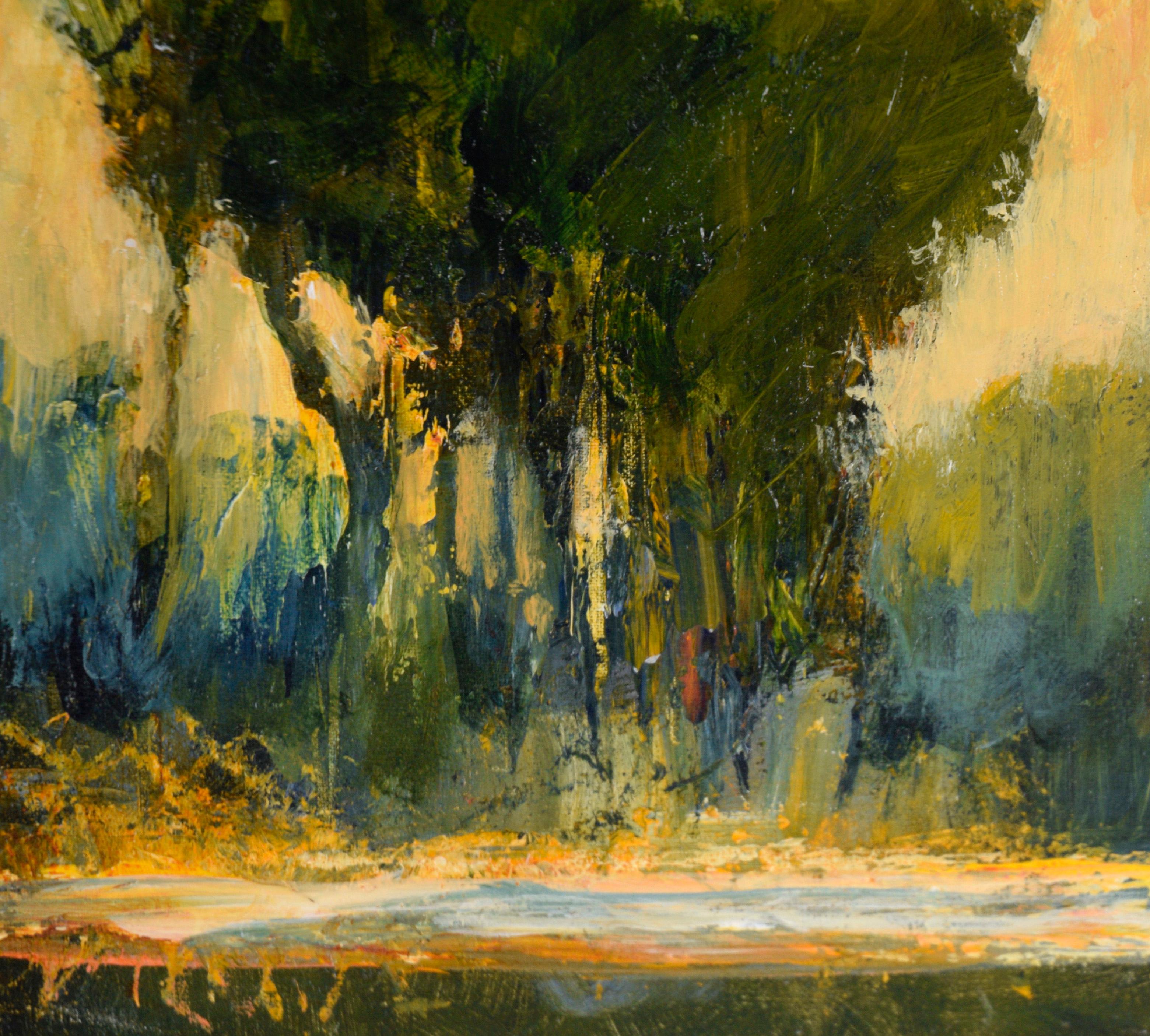 Bäume am Teich bei Sonnenuntergang – Landschaft in Acryl auf Künstlerkarton im Angebot 2