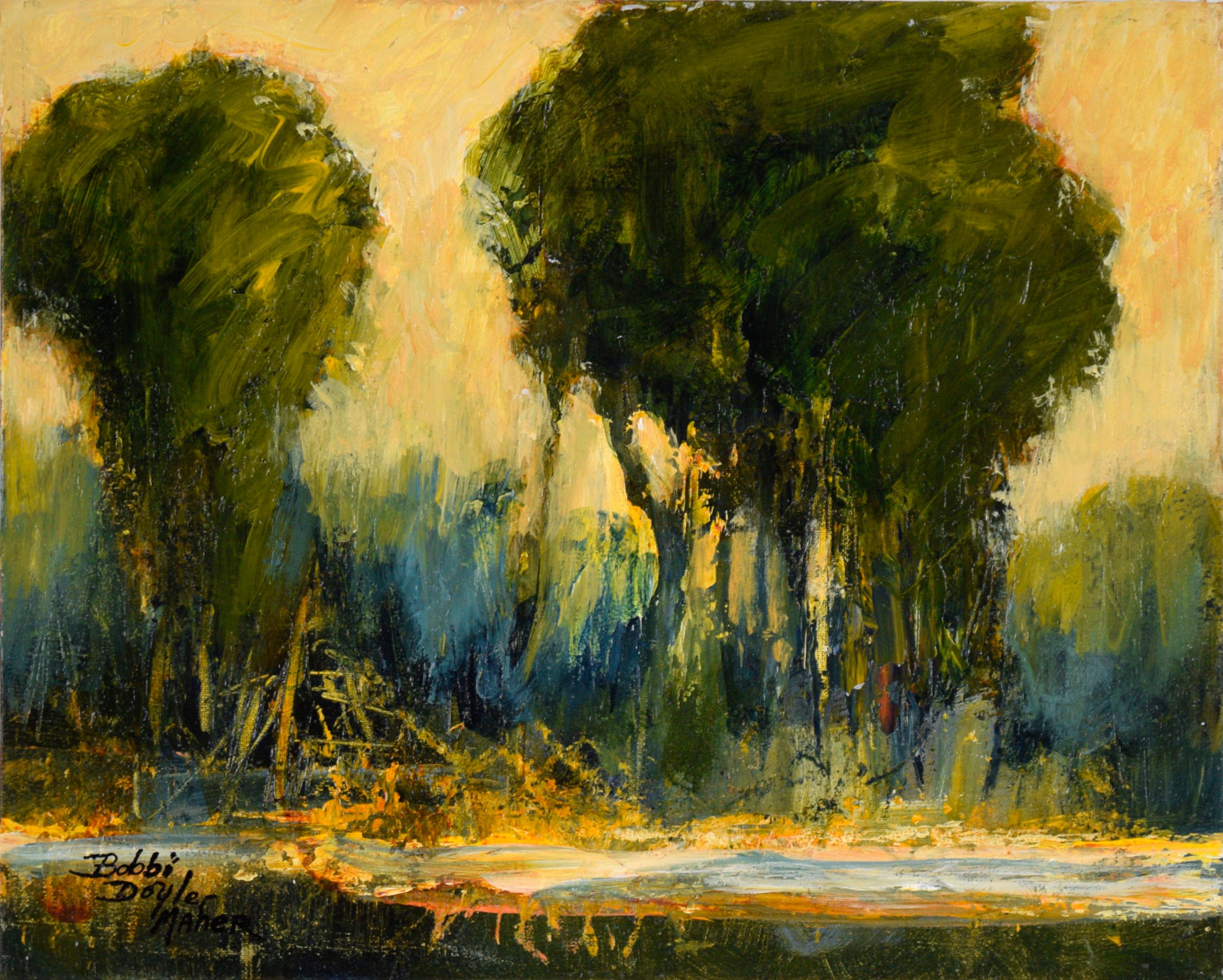 Bobbi Doyle-Maher Landscape Painting – Bäume am Teich bei Sonnenuntergang – Landschaft in Acryl auf Künstlerkarton