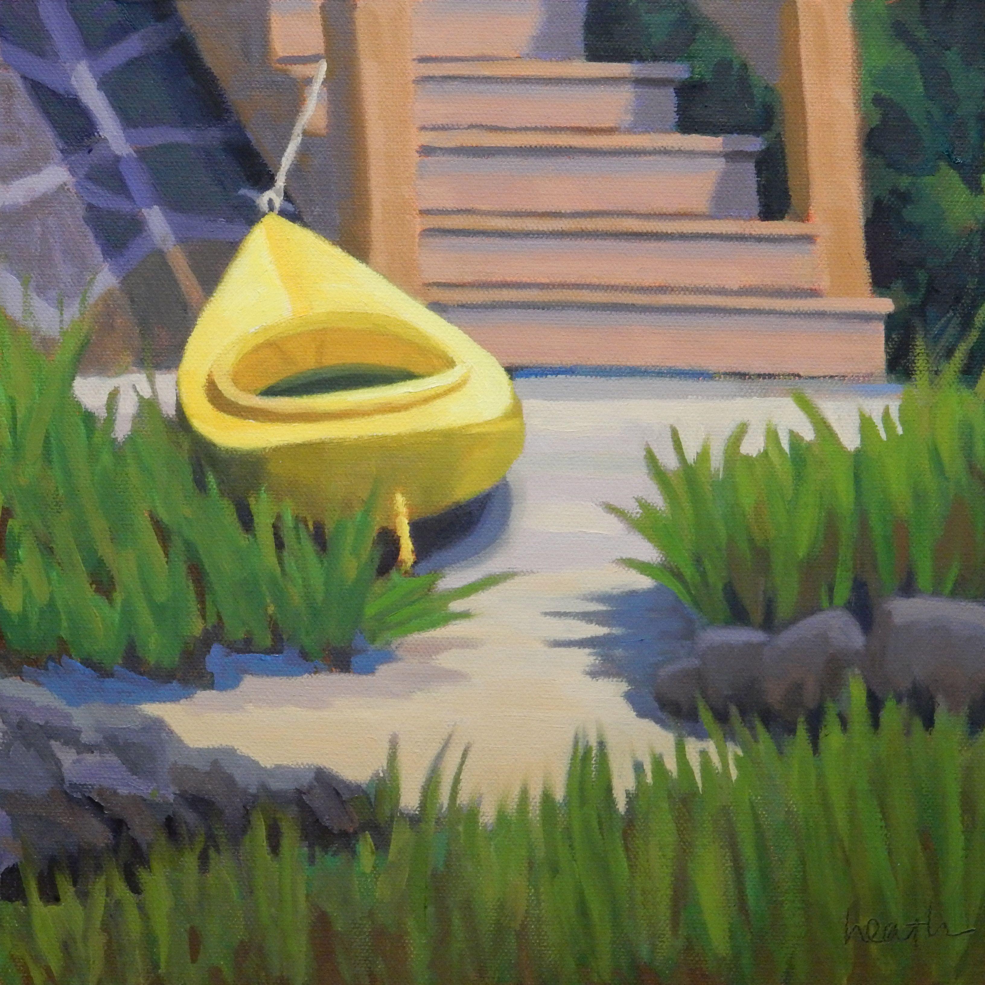 This colorful painting promises adventure in a yellow kayak. :: Painting :: Contemporary :: This piece comes with an official certificate of authenticity signed by the artist :: Ready to Hang: No :: Signed: Yes :: Signature Location: bottom right ::