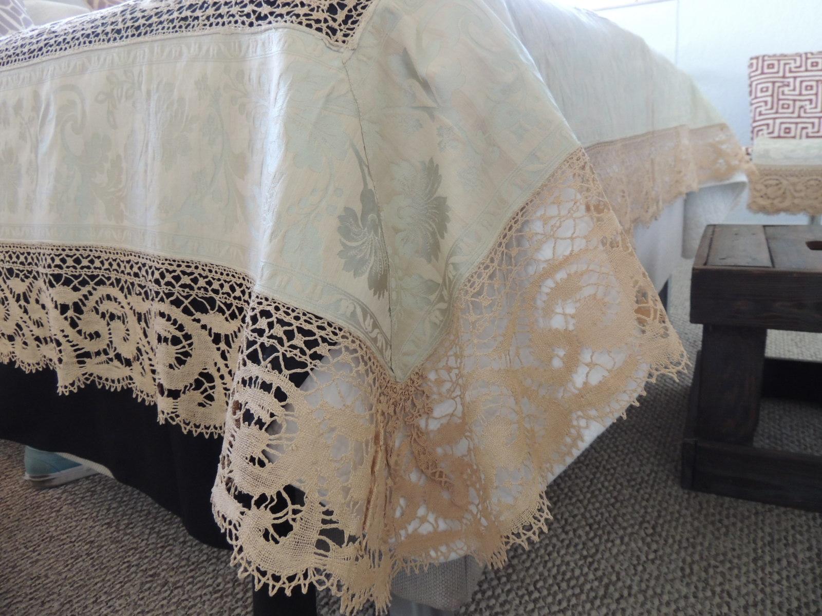 Bobbin Lace and Damask Bed Topper with Large Lace Center Panel 6