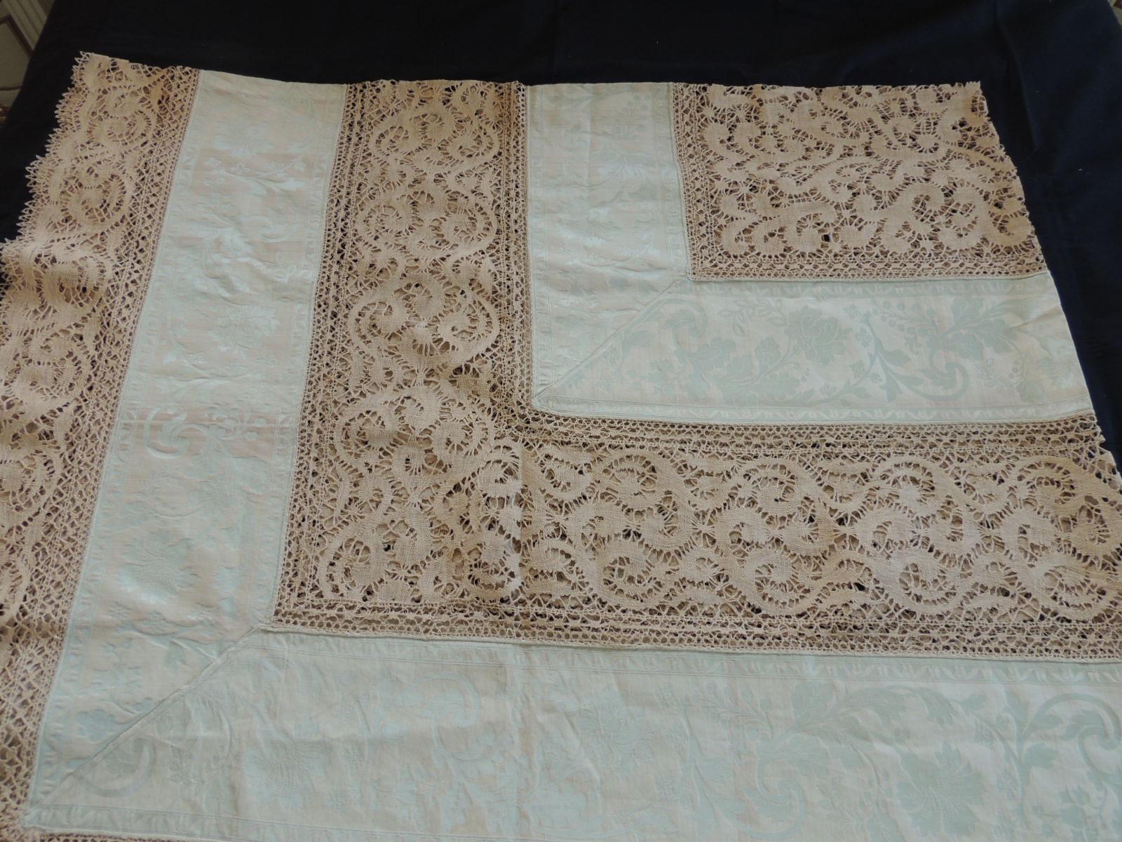 Italian Bobbin Lace and Damask Bed Topper with Large Lace Center Panel