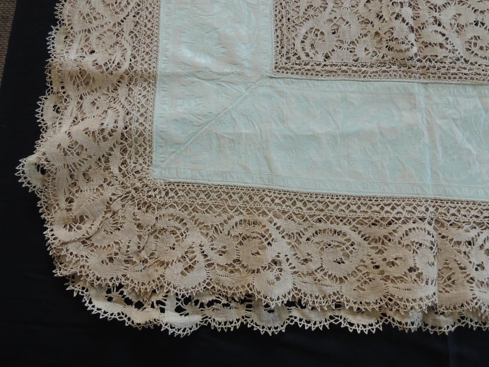 Hand-Crafted Bobbin Lace and Damask Bed Topper with Large Lace Center Panel