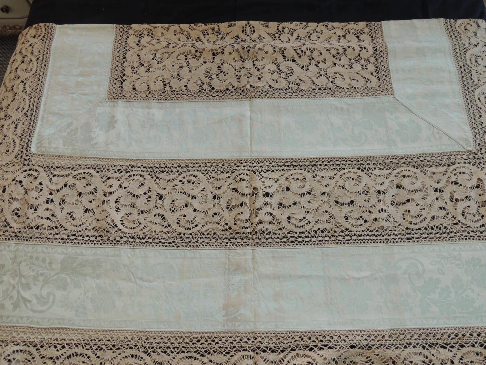19th Century Bobbin Lace and Damask Bed Topper with Large Lace Center Panel