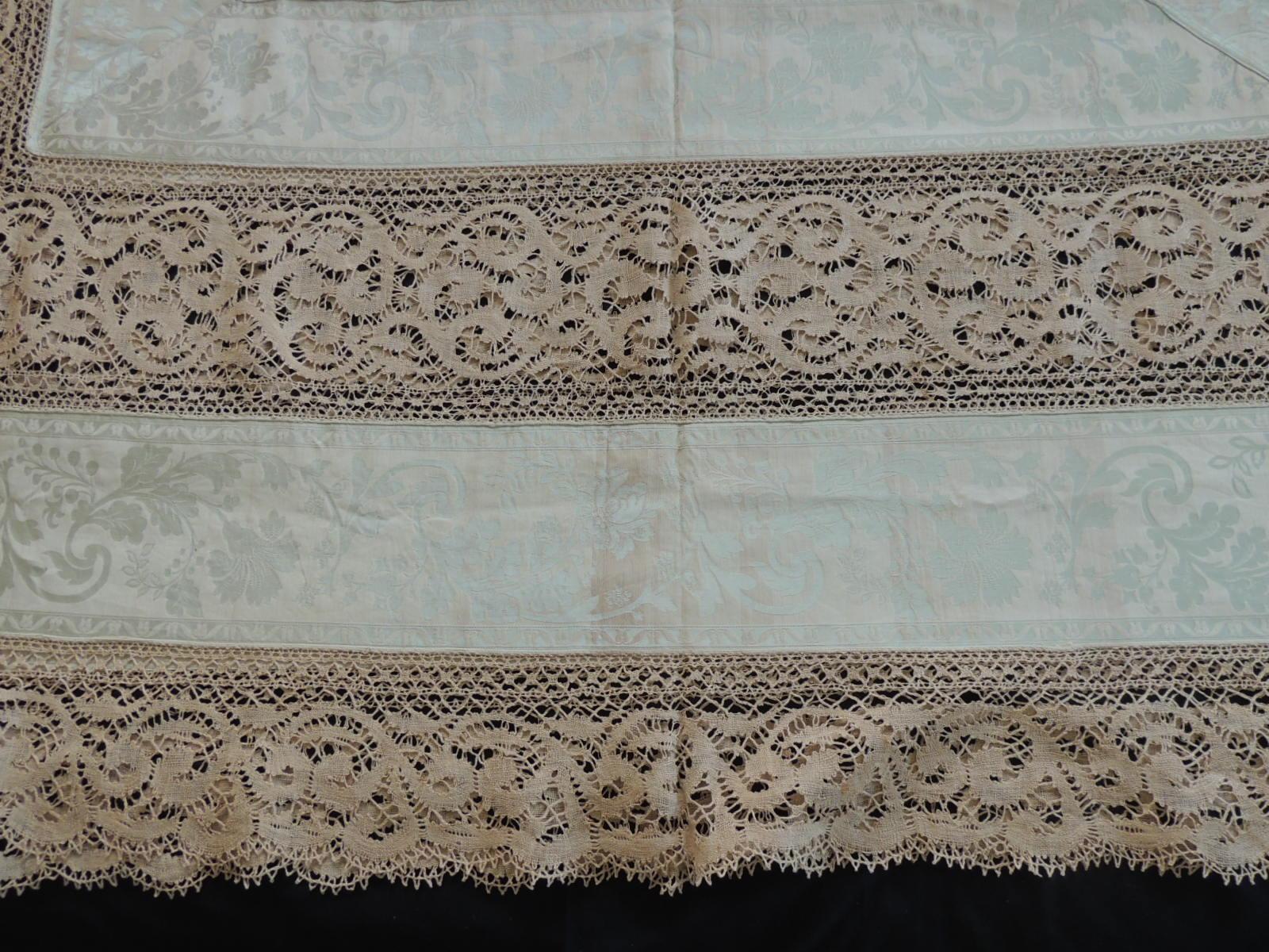 Cotton Bobbin Lace and Damask Bed Topper with Large Lace Center Panel