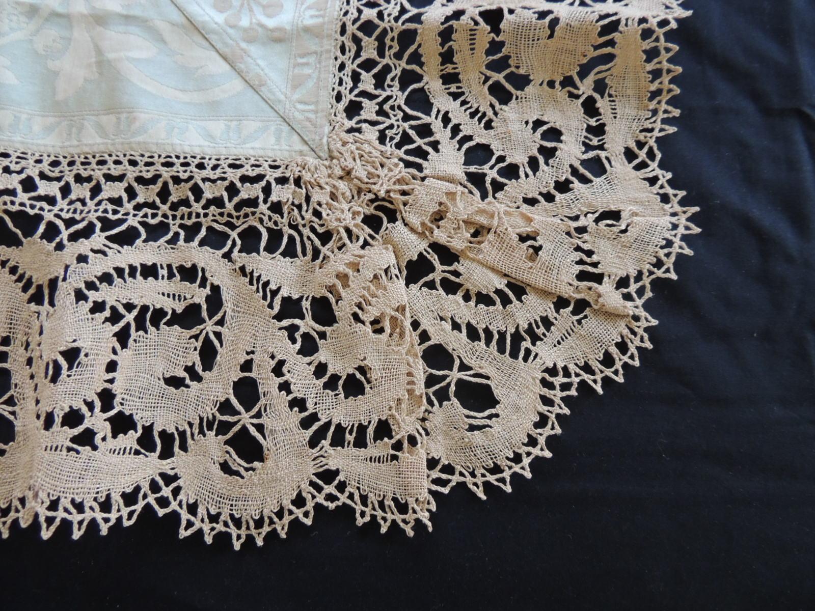 Italian Bobbin Lace and Damask Pillow Topper with Large Lace Center Panel