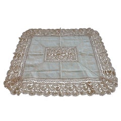 Antique Bobbin Lace and Damask Pillow Topper with Large Lace Center Panel