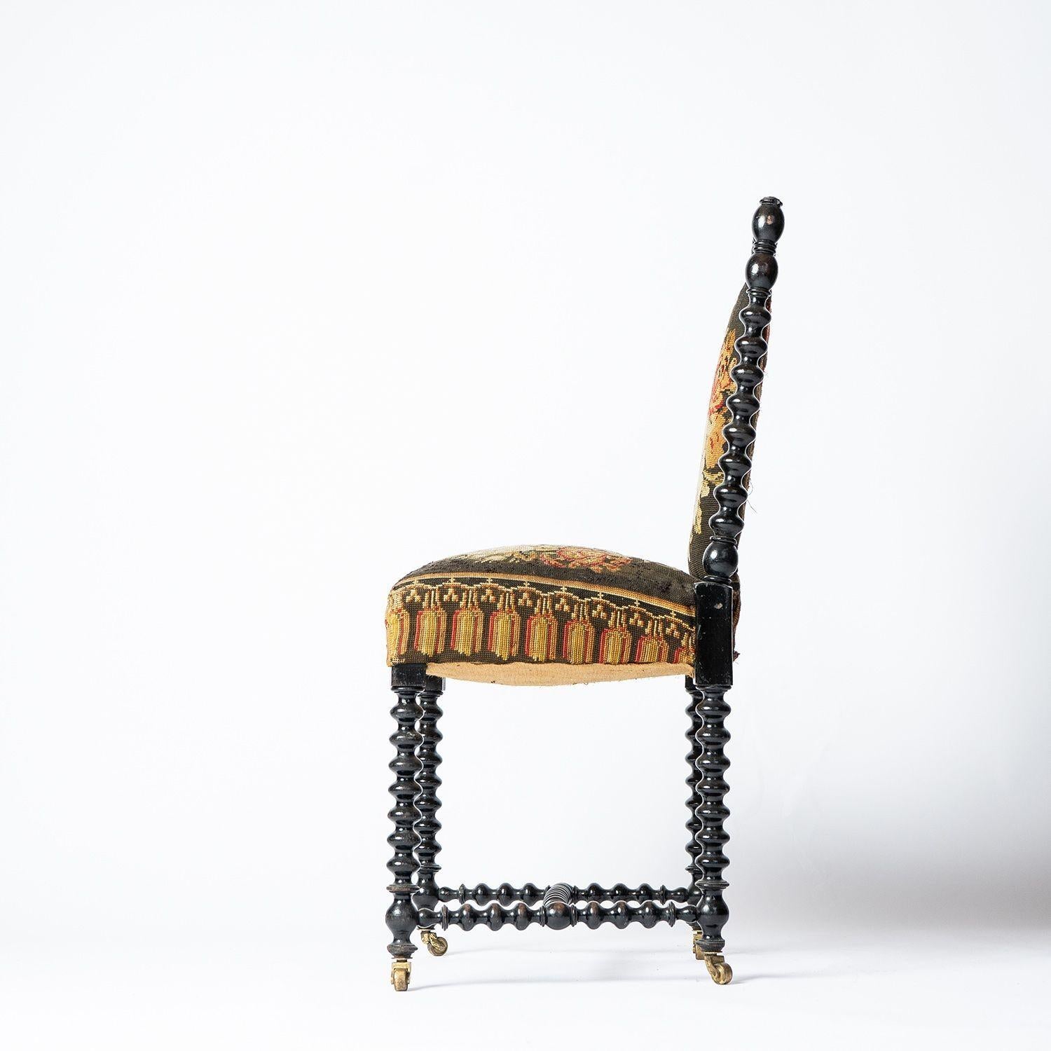 Antique Bobbin Turned Ebonised Chair with Tapestry Upholstery, 19th Century 6