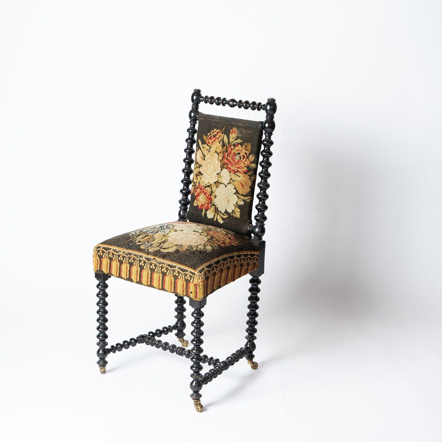 Antique Bobbin Turned Ebonised Chair with Tapestry Upholstery, 19th Century  7