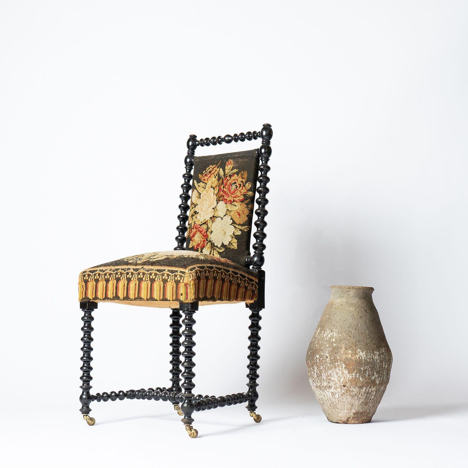 Antique Bobbin Turned Ebonised Chair with Tapestry Upholstery, 19th Century  8