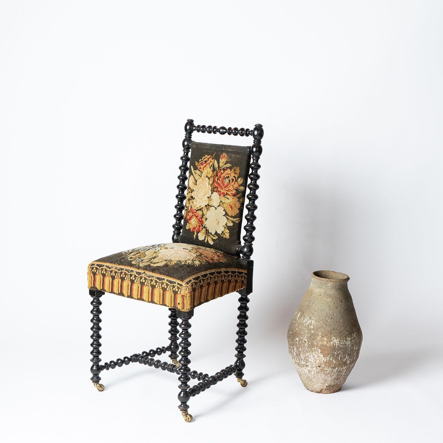 Antique Bobbin Turned Ebonised Chair with Tapestry Upholstery, 19th Century  9