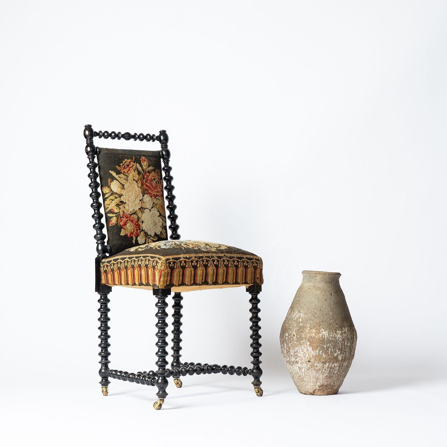 Antique Bobbin Turned Ebonised Chair with Tapestry Upholstery, 19th Century  10