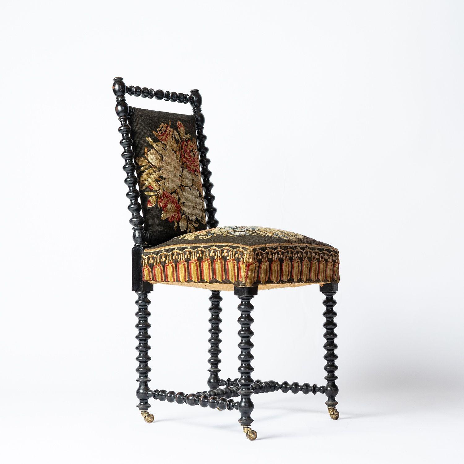 Antique Bobbin Turned Ebonised Chair with Tapestry Upholstery, 19th Century  In Good Condition In Bristol, GB