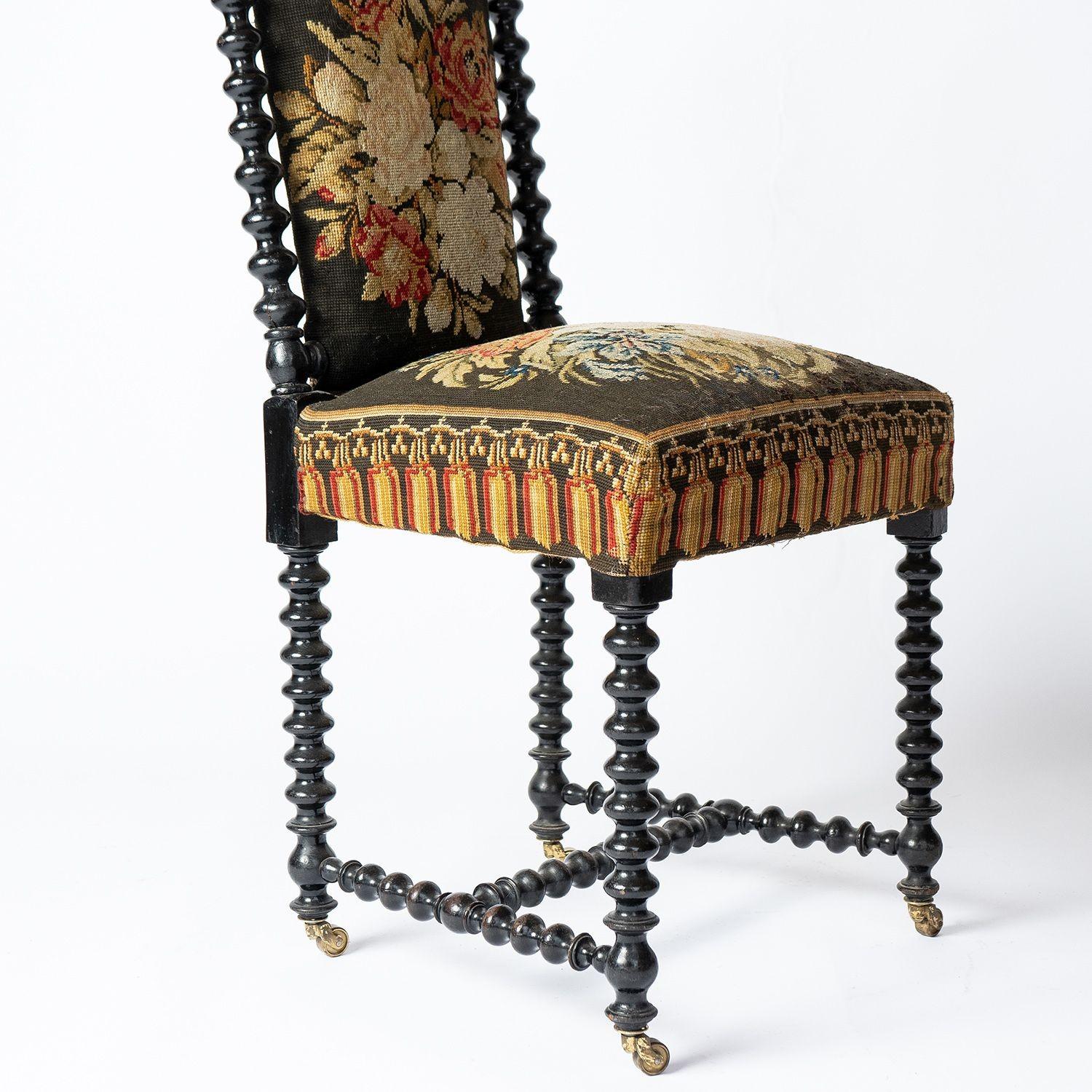 Wood Antique Bobbin Turned Ebonised Chair with Tapestry Upholstery, 19th Century 