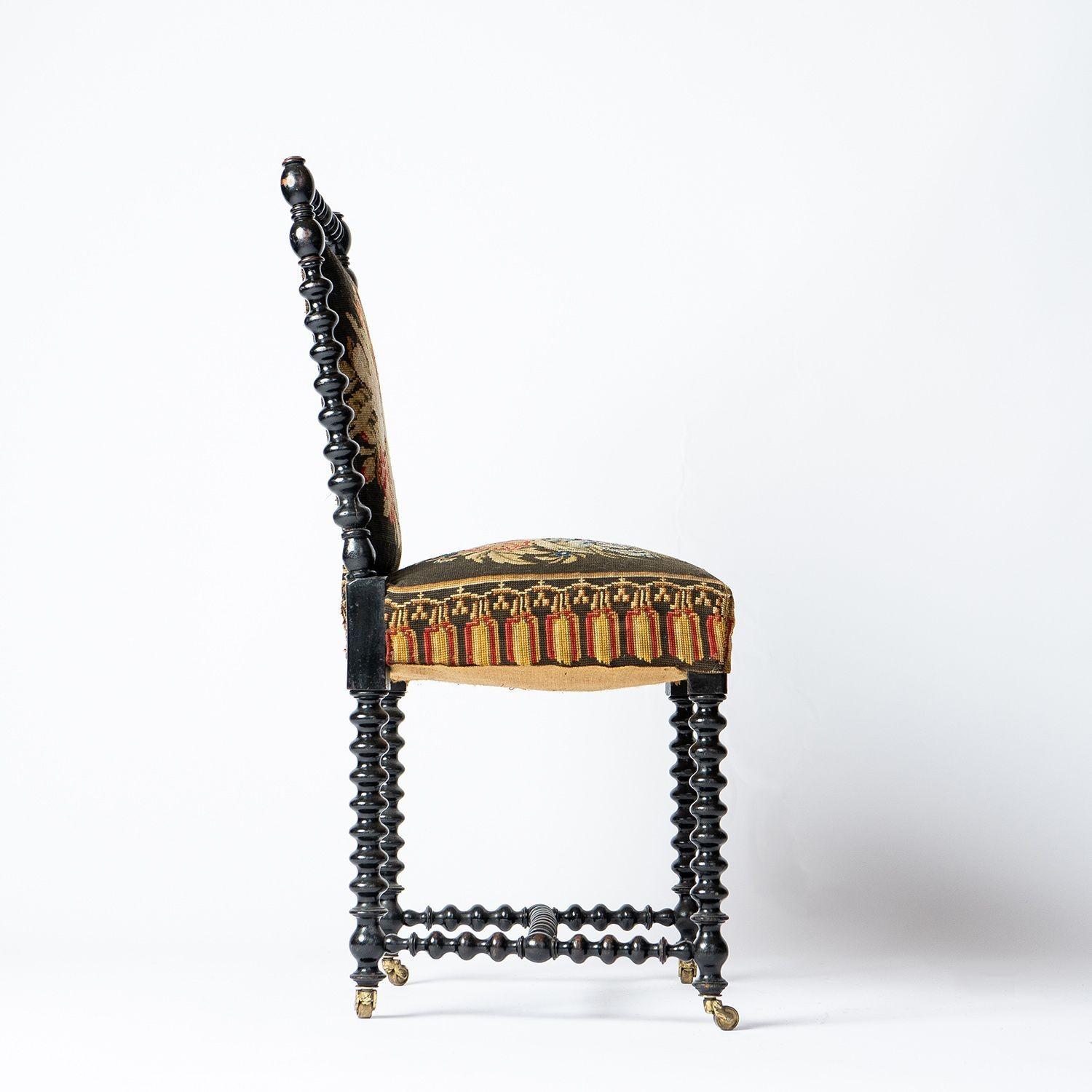 Antique Bobbin Turned Ebonised Chair with Tapestry Upholstery, 19th Century  1