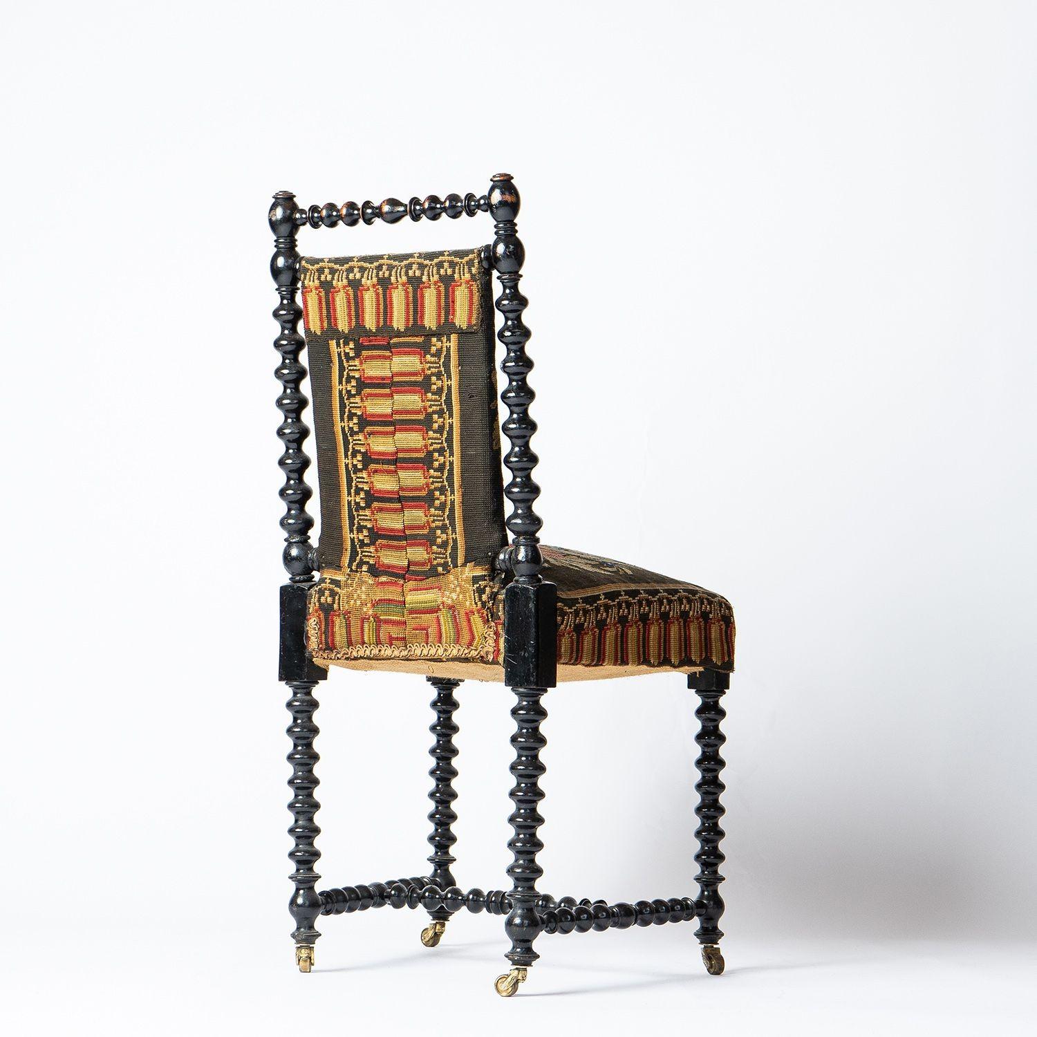 Antique Bobbin Turned Ebonised Chair with Tapestry Upholstery, 19th Century  2