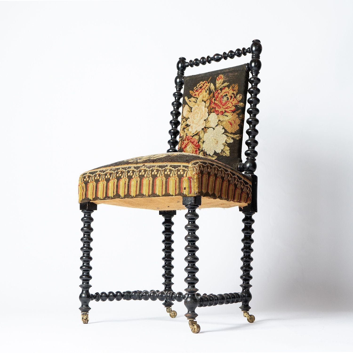 Antique Bobbin Turned Ebonised Chair with Tapestry Upholstery, 19th Century  3