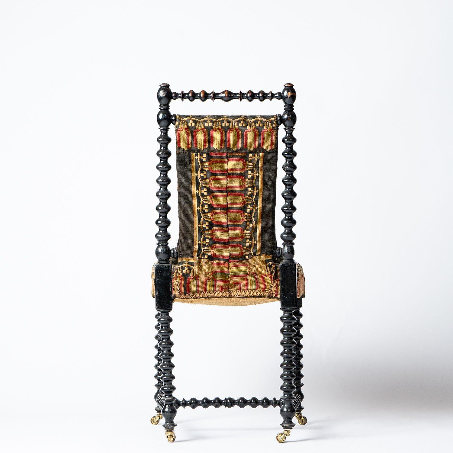 Antique Bobbin Turned Ebonised Chair with Tapestry Upholstery, 19th Century  4