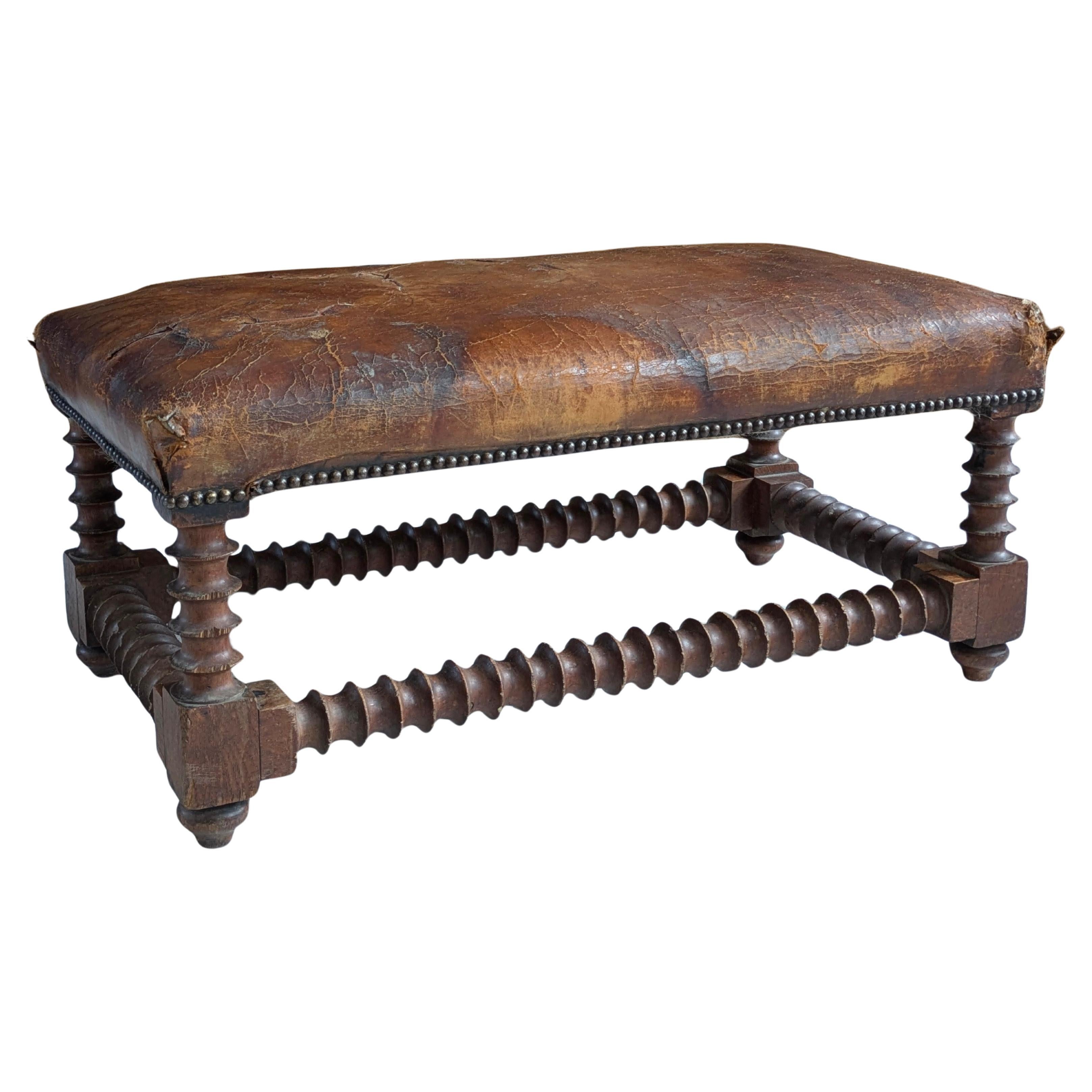 Bobbin Turned Leather Stool For Sale