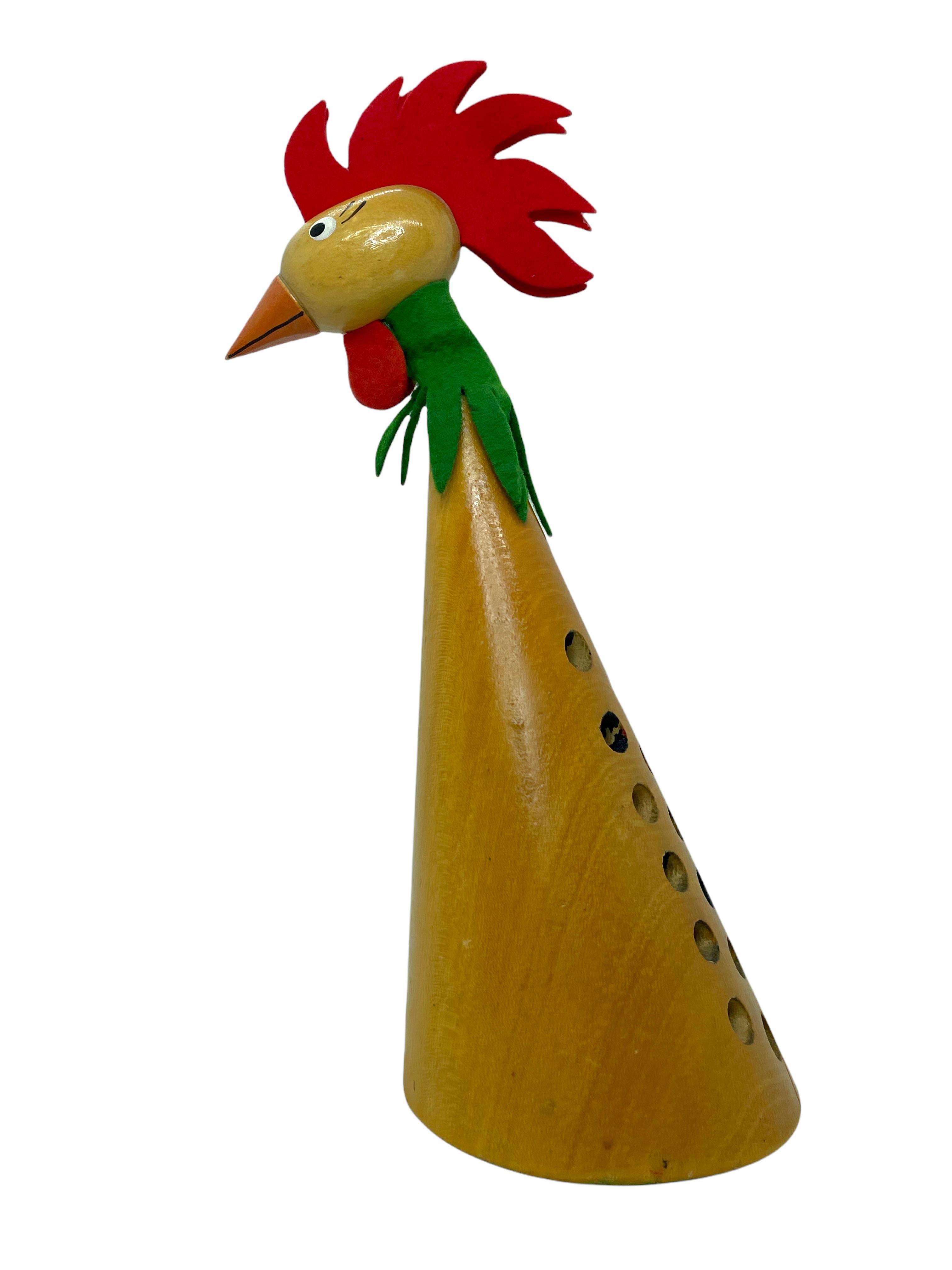 Bobble Head Rooster Crayon Holder Stand Figure Denmark Mid Century, Wood, 1960s 2