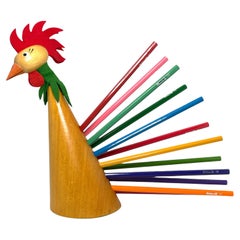 Vintage Bobble Head Rooster Crayon Holder Stand Figure Denmark Mid Century, Wood, 1960s