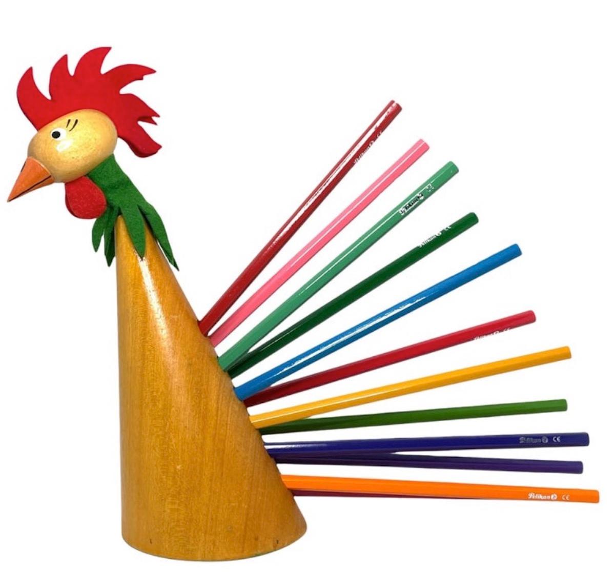 Classic early 1960s Danish design wood rooster sculpture as a pencil holder. Nice addition to your table or just for your collection of design items. Made of wood, metal and felting. Found at an estate sale in Nuremberg, Germany . Pencils shown in