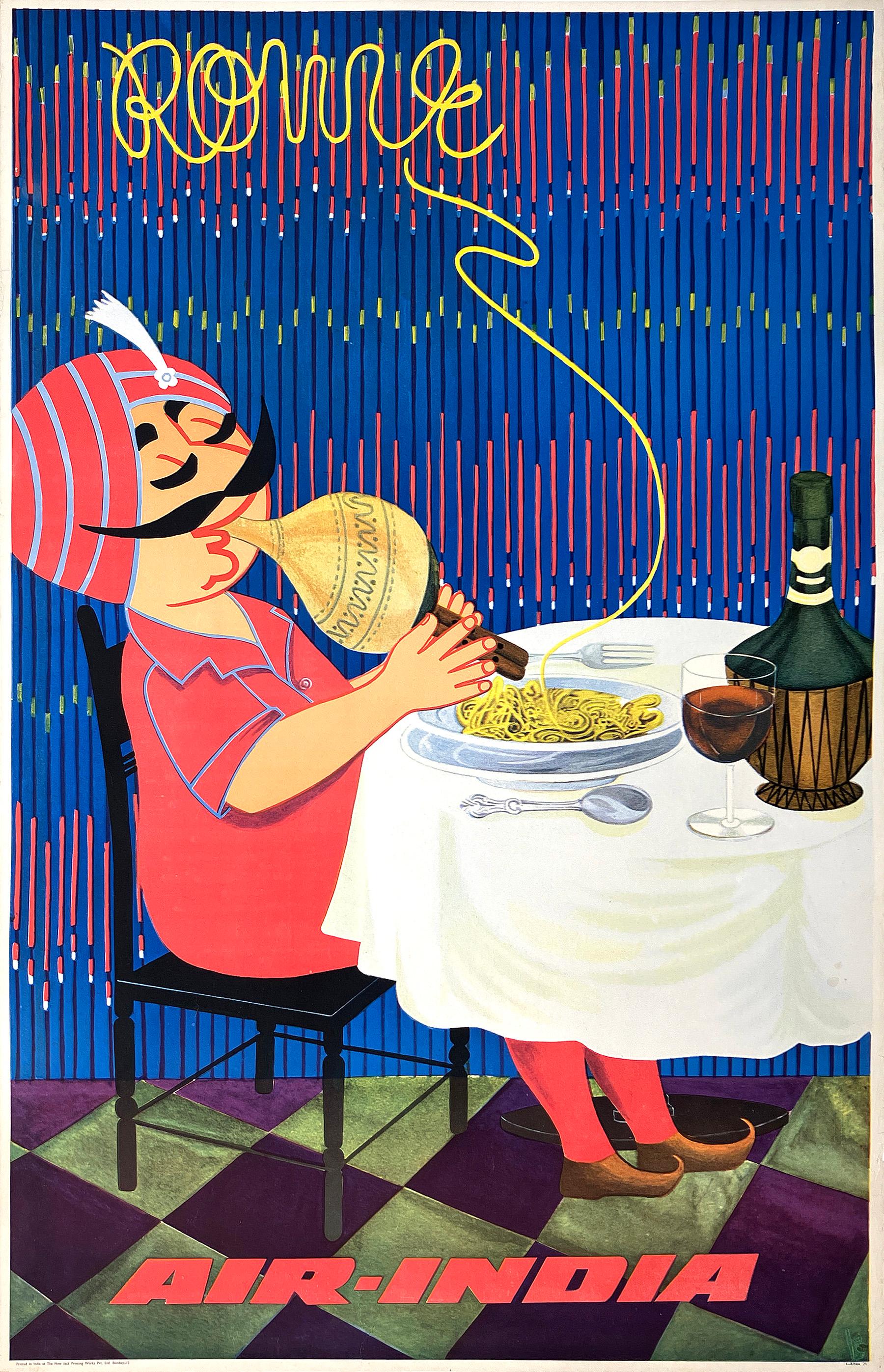 Original Vintage Air India Rome Maharajah Travel Poster 1971