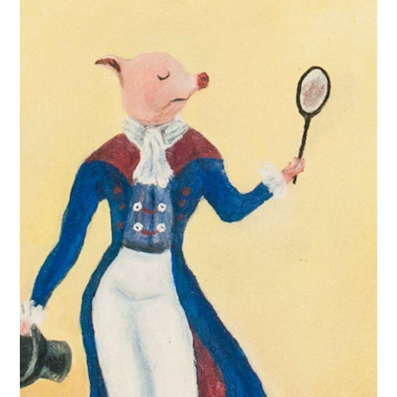 Óleo sobre lienzo que representa a un elegante cerdito agarrando una raqueta de tenis 

Firmado: (Bobby) Livingston (famoso productor de Broadway) (LR)

c1970s

Tamaño: 11 3/4 