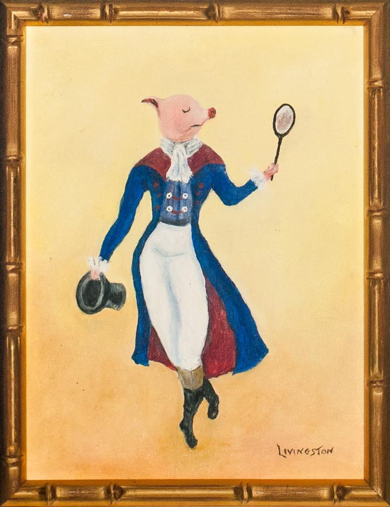 c1970s oil on canvas depicting a dapper piglet clutching a tennis racquet signed (Bobby) Livingston (famous Broadway producer) (LR)

Art Sz: 11 3/4"H x 8 3/4"W

Frame Sz: 13"H x 10"W

w/ gilt bamboo frame