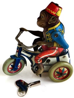 "Bobby The Monkey On A Tricycle" Clockwork Wind-Up Tin Toy; Germany Circa 1947
