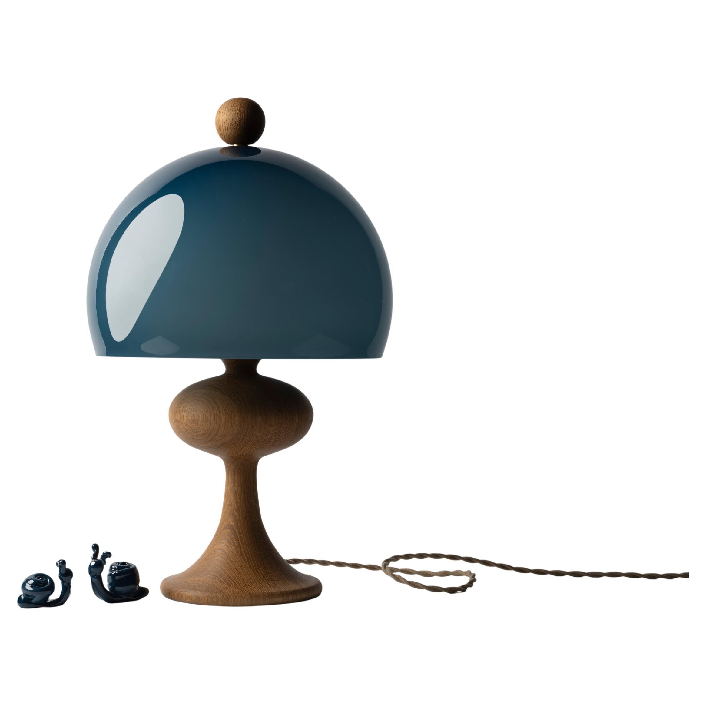 Bobine table lamp, oak & deep blue glass, by Jessica Helgerson For Sale