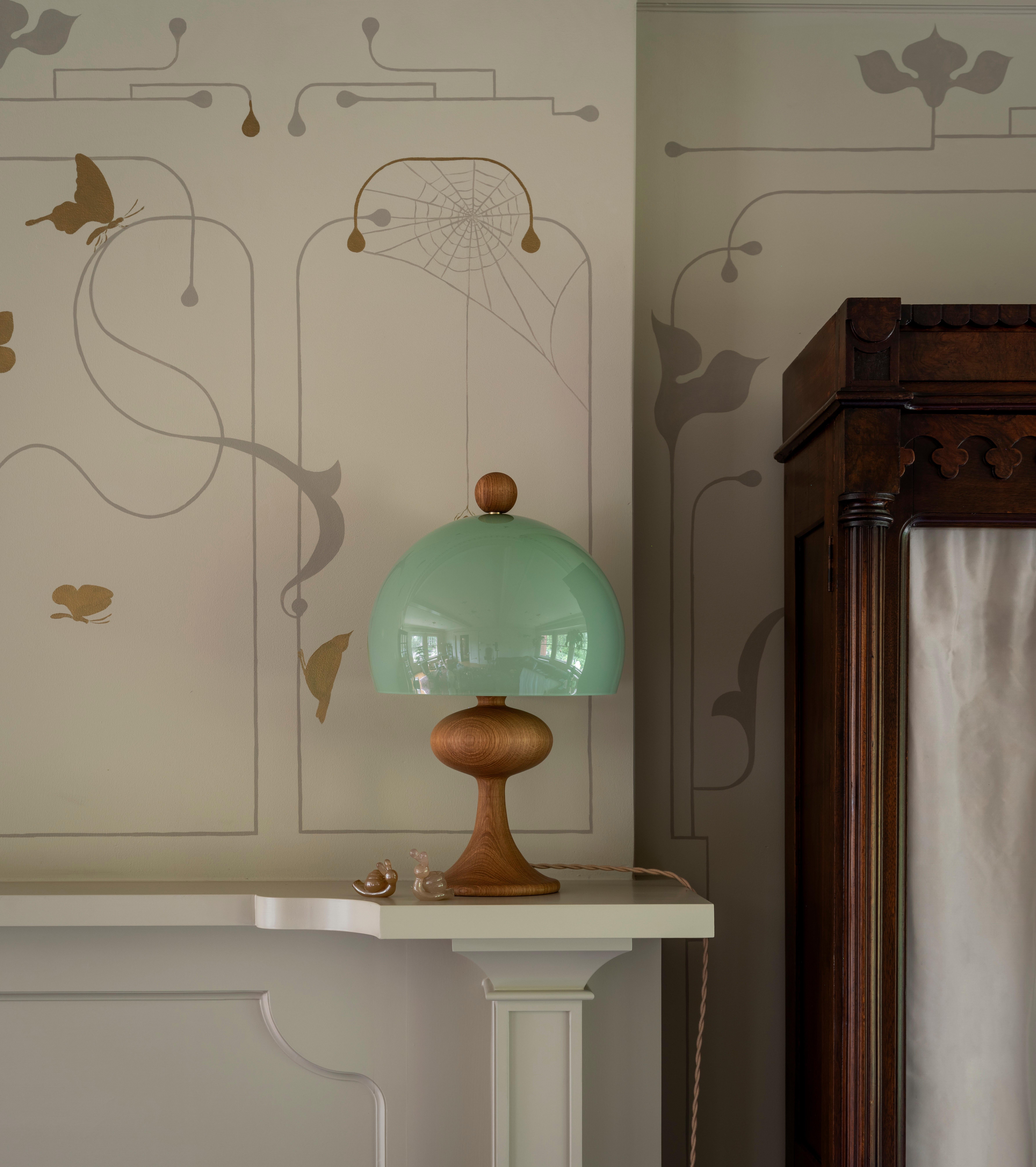 Bobine table lamp, oak & soft green glass, by Jessica Helgerson Interior Design In New Condition For Sale In Portland, OR