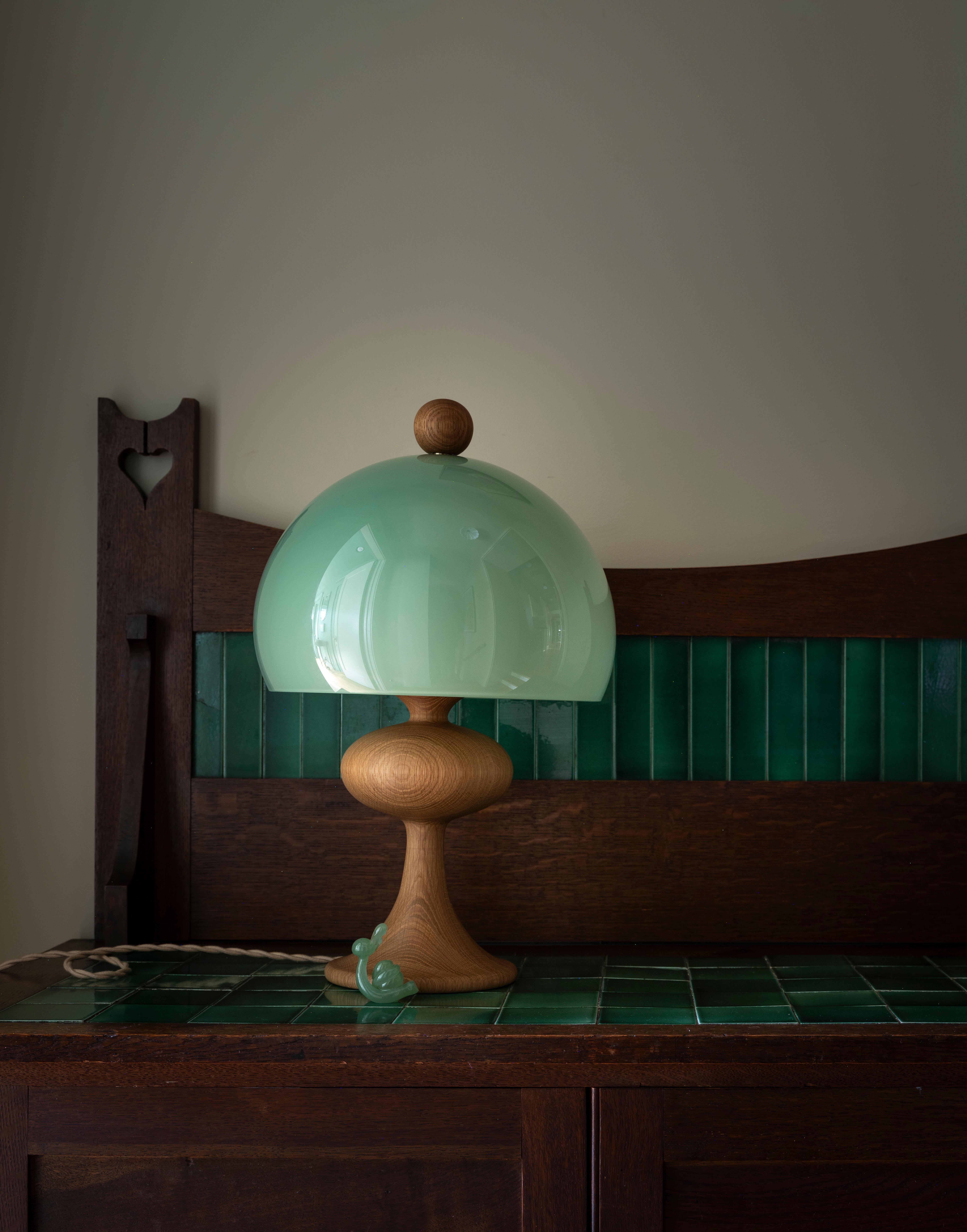 Contemporary Bobine table lamp, oak & soft green glass, by Jessica Helgerson Interior Design For Sale