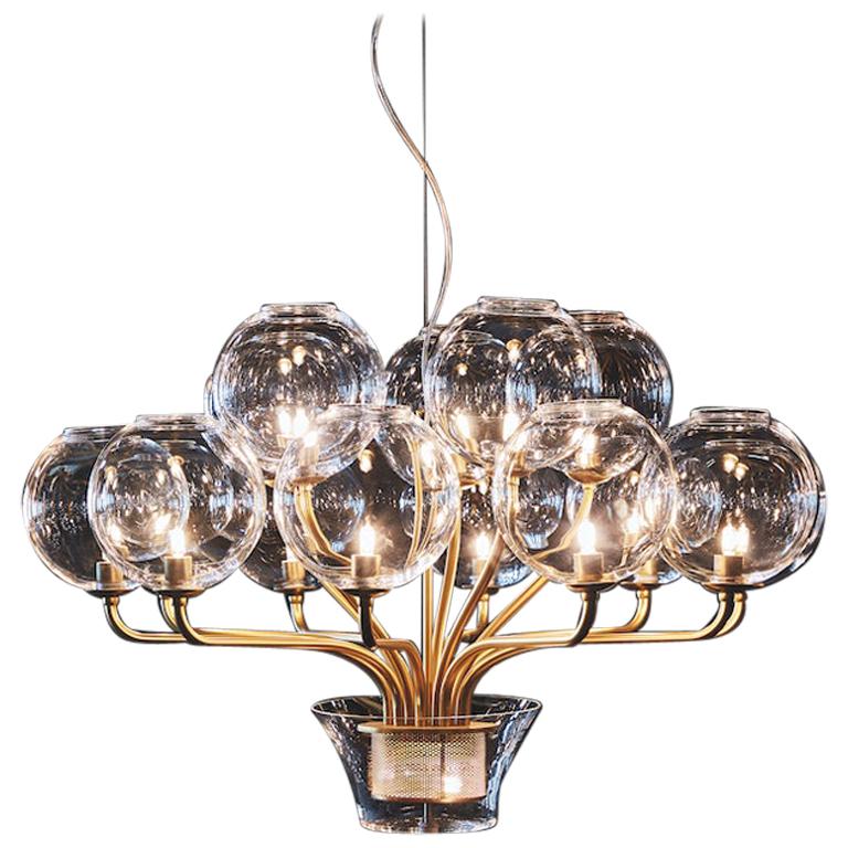 Boblu Carlo Moretti Contemporary Murano Clear and Gold Glass Chandelier