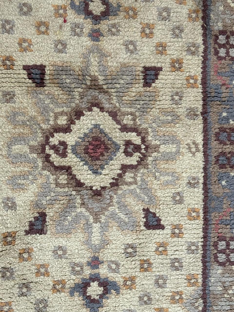 Nice early 20th century small European rug with beautiful design of the early 20th century area, in style of art deco design, with beautiful colours with grey, blue, brown, pink and white, entirely hand knotted with wool on cotton and jute
