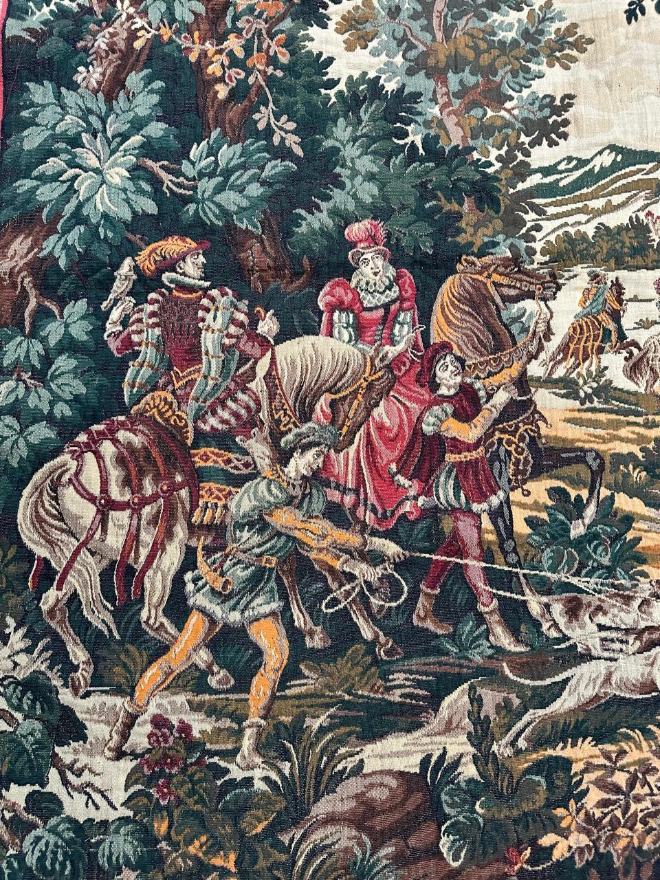 Bobyrug’s Beautiful Hunting French jacquard tapestry in Aubusson style  In Good Condition For Sale In Saint Ouen, FR