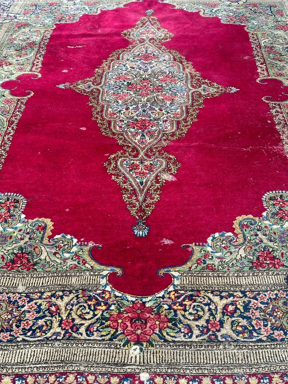 Bobyrug’s Beautiful large mid century distressed Kirman rug  In Distressed Condition For Sale In Saint Ouen, FR