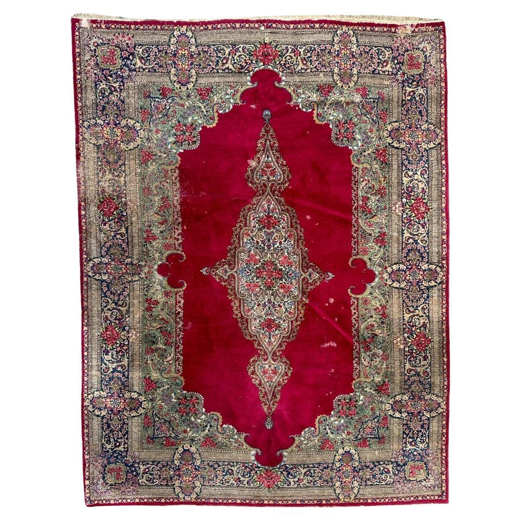 Bobyrug’s Beautiful large mid century distressed Kirman rug  For Sale