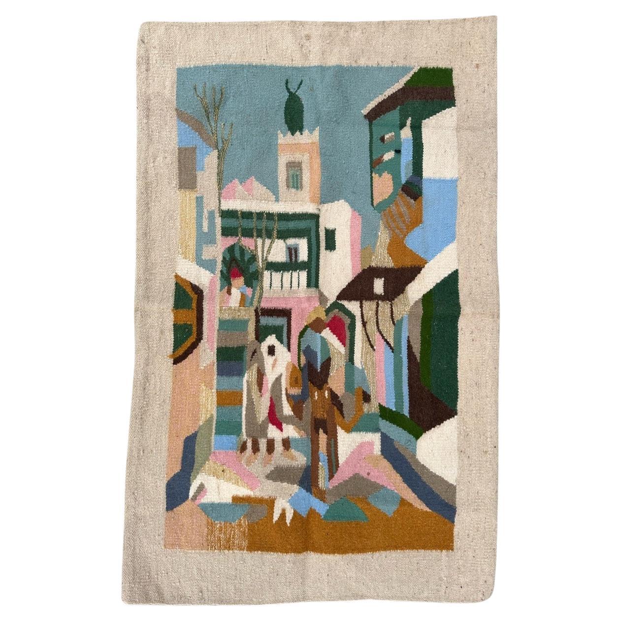Bobyrug’s Beautiful Mid Century Tunisian Hand Woven Tapestry For Sale