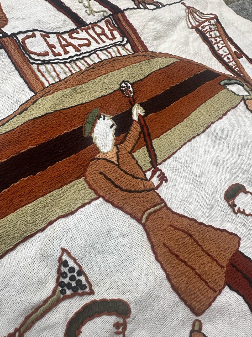 Bobyrug’s Beautiful vintage French embroidered tapestry, Bayeux museum design For Sale 8