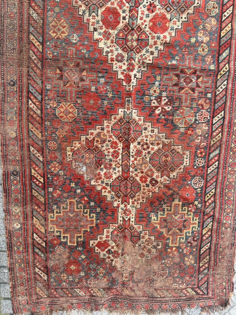 Tribal Bobyrug’s distressed antique Shiraz rug For Sale