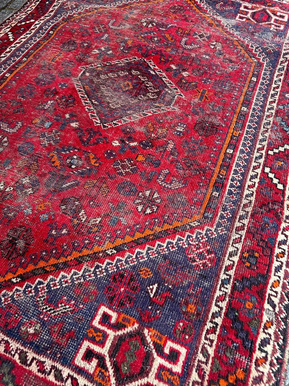 Bobyrug’s distressed mid century tribal Shiraz rug  For Sale 3