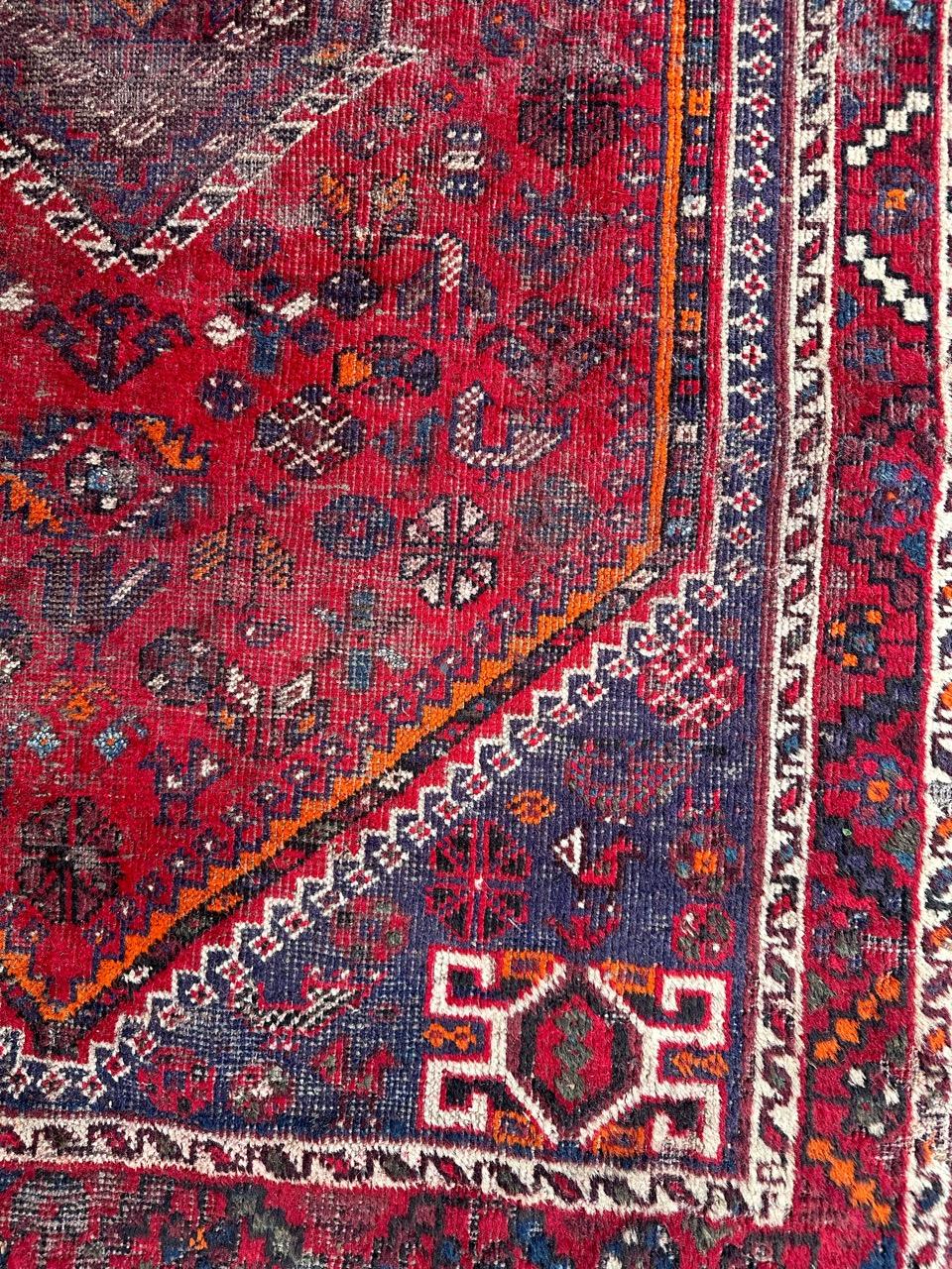 Wool Bobyrug’s distressed mid century tribal Shiraz rug  For Sale
