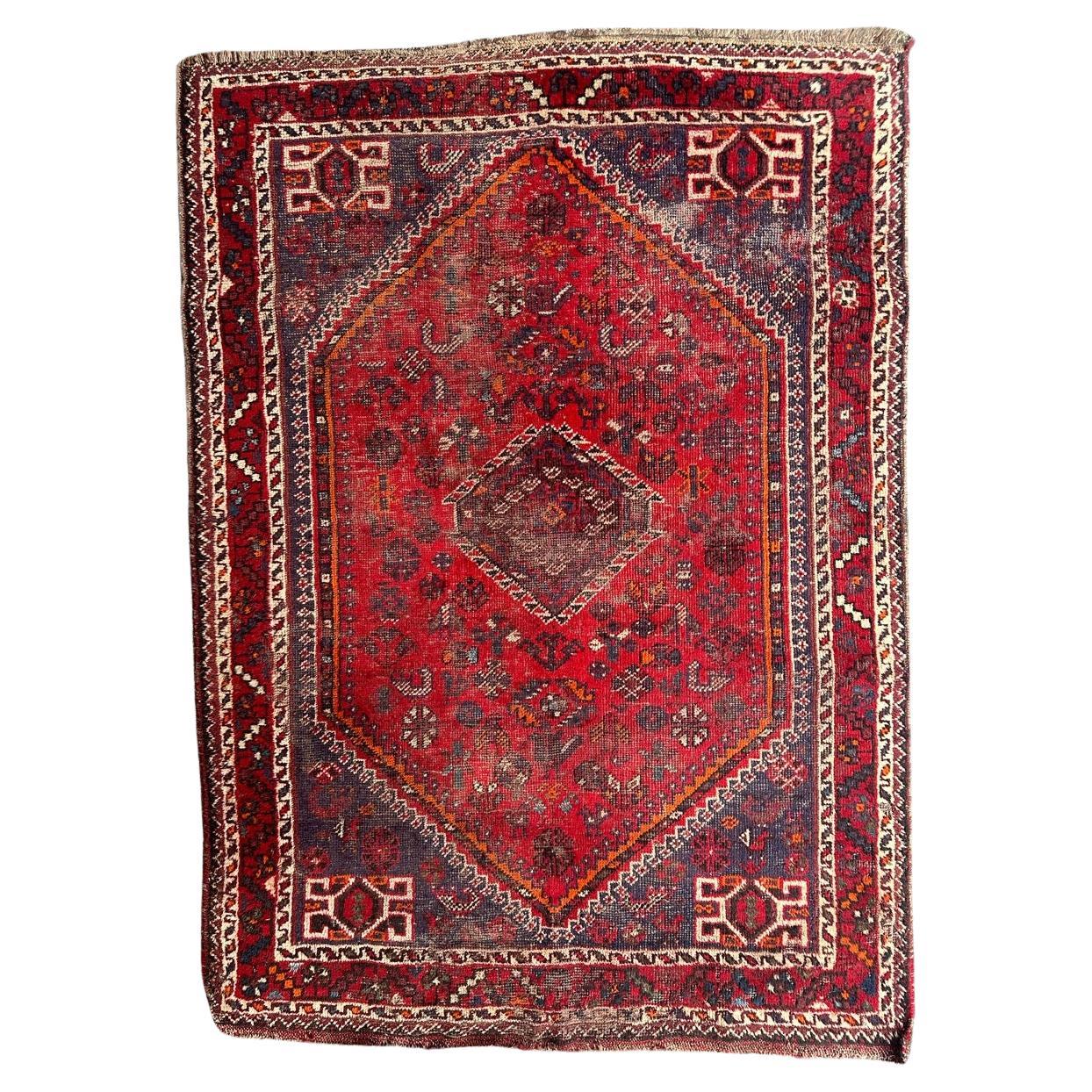 Bobyrug’s distressed mid century tribal Shiraz rug  For Sale