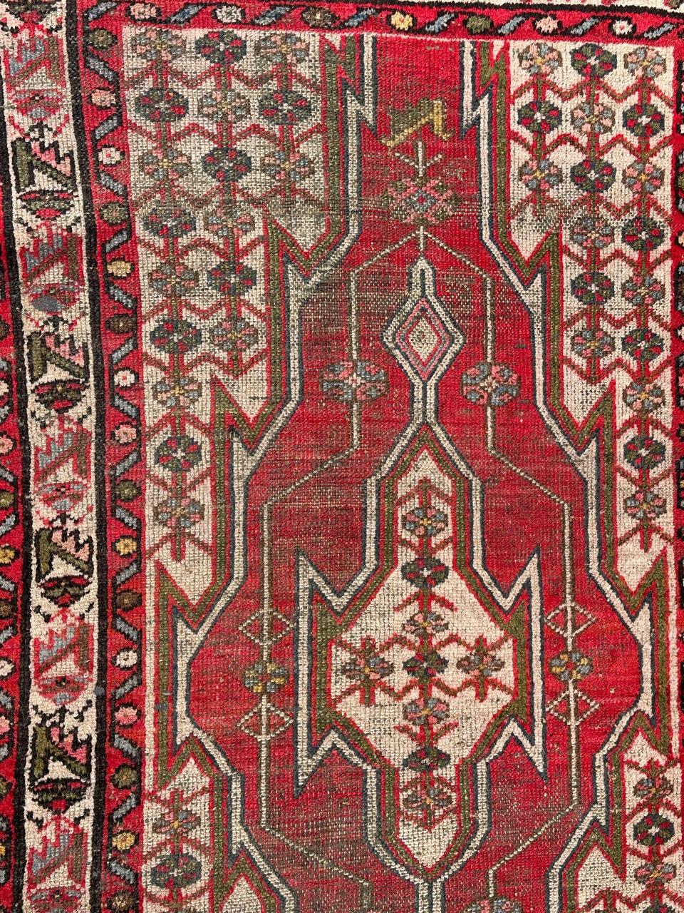Beautiful mid century rustic mazlaghan rug with nice decorative design and beautiful colours with red, white, green, grey and black, entirely hand knotted with wool on cotton foundation 

✨✨✨
